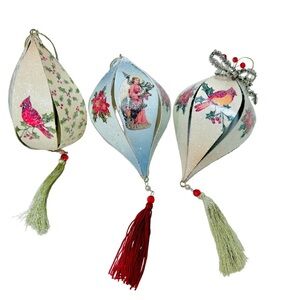 Vintage 1980's Frosted Handmade Cardboard Cardinal Angel Christmas Ornaments Set